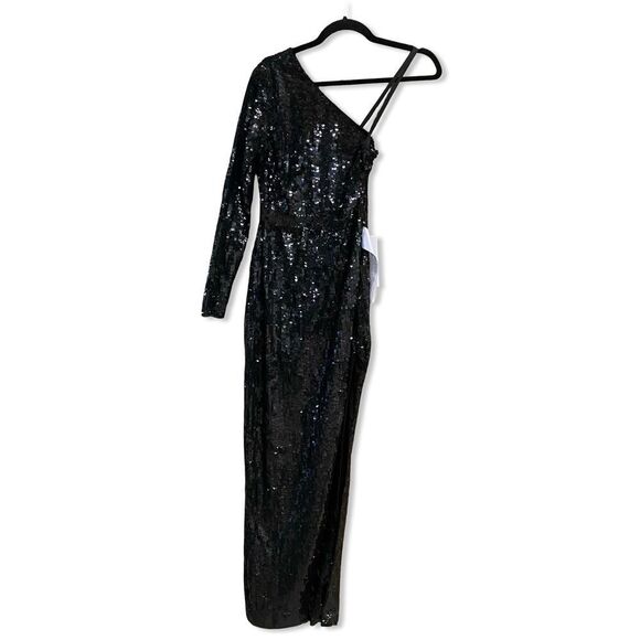 Mac Duggal 10788 SEQUINED ONE SLEEVE HIGH SLIT GOWN Black One-Shoulder Dress 2 - Picture 5 of 9